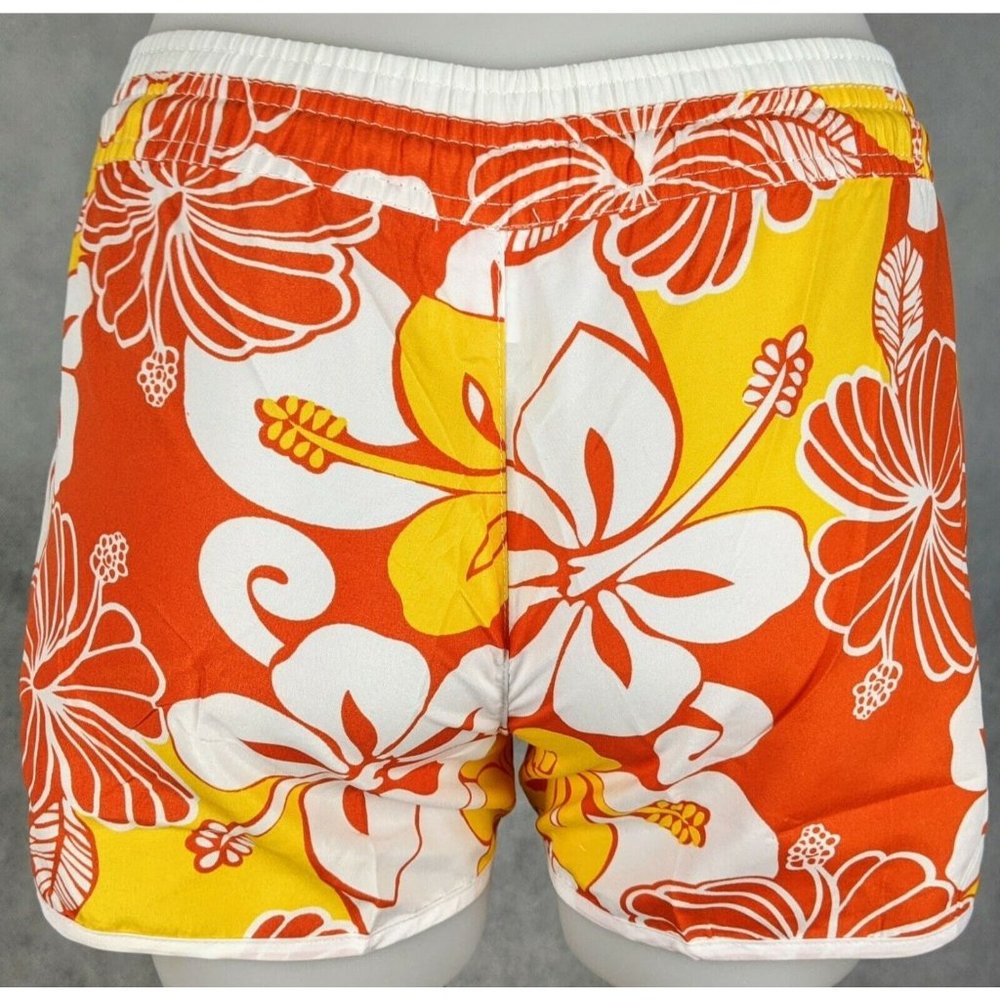 Women's Board Shorts Elastic Waist Yellow Floral Pockets White Trim - Picture 4 of 6
